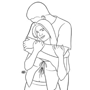 Ilustración lineal personalizada estilo lineart de pareja abrazada